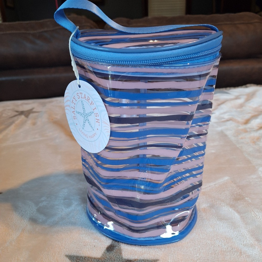 Salty Starfish The Paper Store Clear Striped Travel Beach Bag Blue Pink